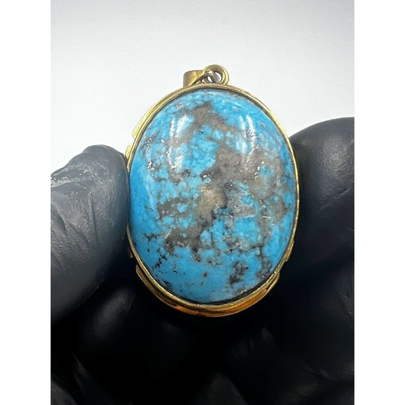 Natural Turquoise Pendant Metal Brass Handmade With Rope - Picture 2 of 11